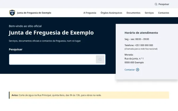 Ágora Digital: Página inicial com horário e contactos, com dados de exemplo