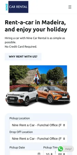Website Nine Rent-a-Car, no telemóvel